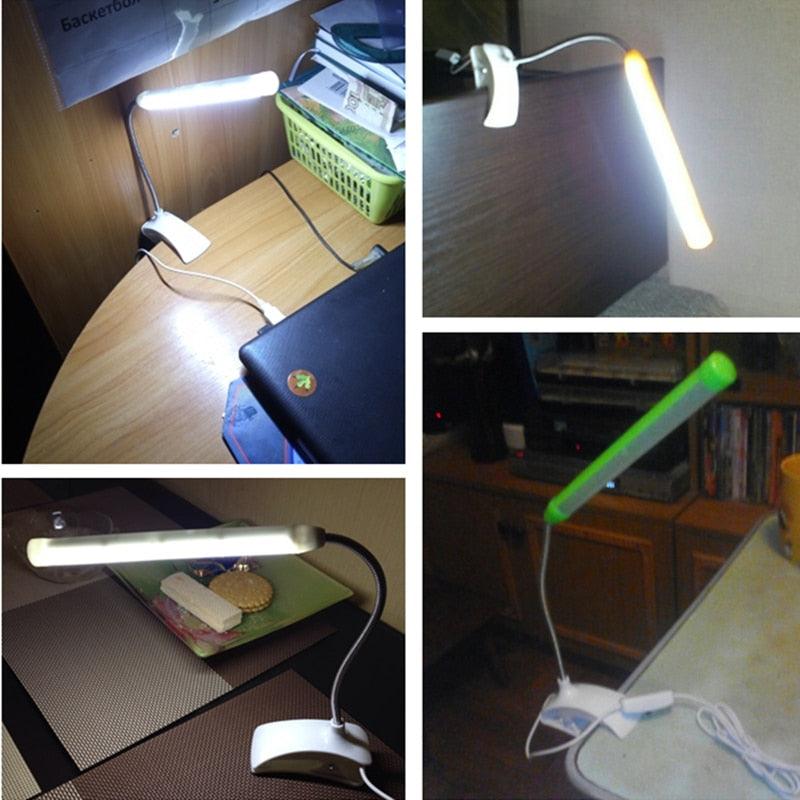 Minimalist clip-on LED desk lamp in white, yellow, and green colors for bedside reading.