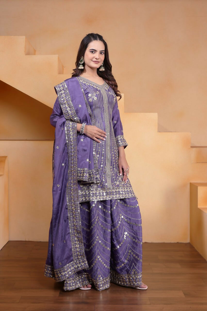 Purple Silk Embroidered Sharara Set with Kurti and Flared Pants