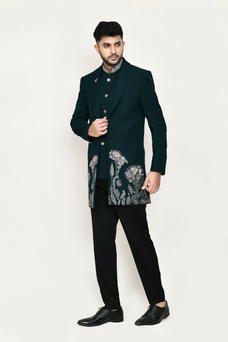 Green Imported Polyester Open Prince Coat and Pant Set