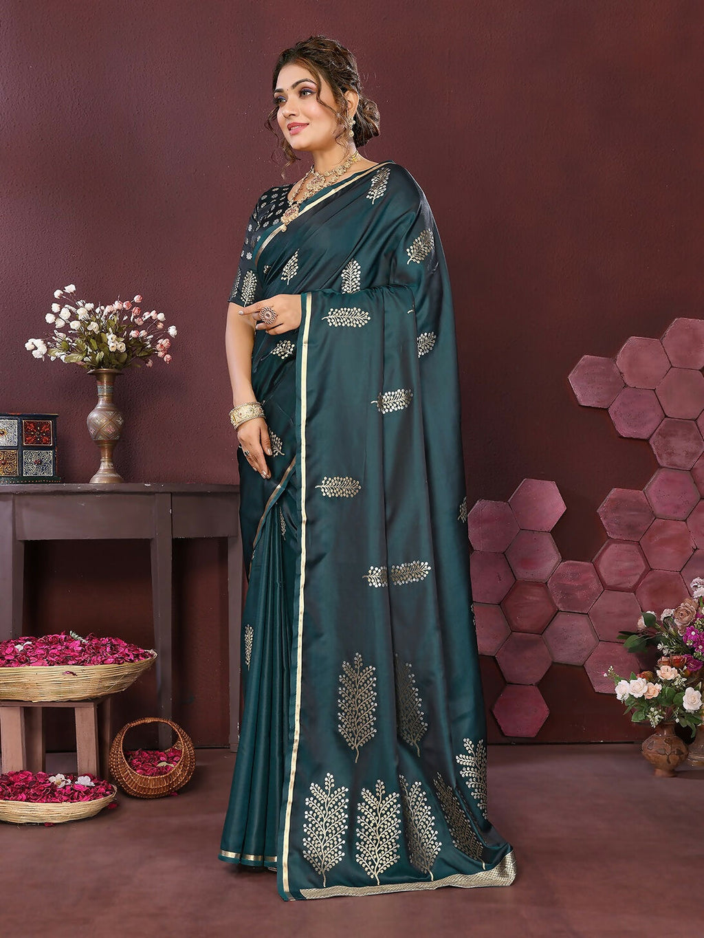 Joban Fashion Teal Floral Motifs Banarasi Silk Sarees