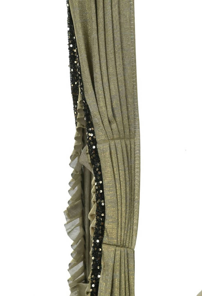 Olive Green and Black Ruffled Ready-to-Wear Saree with Blouse