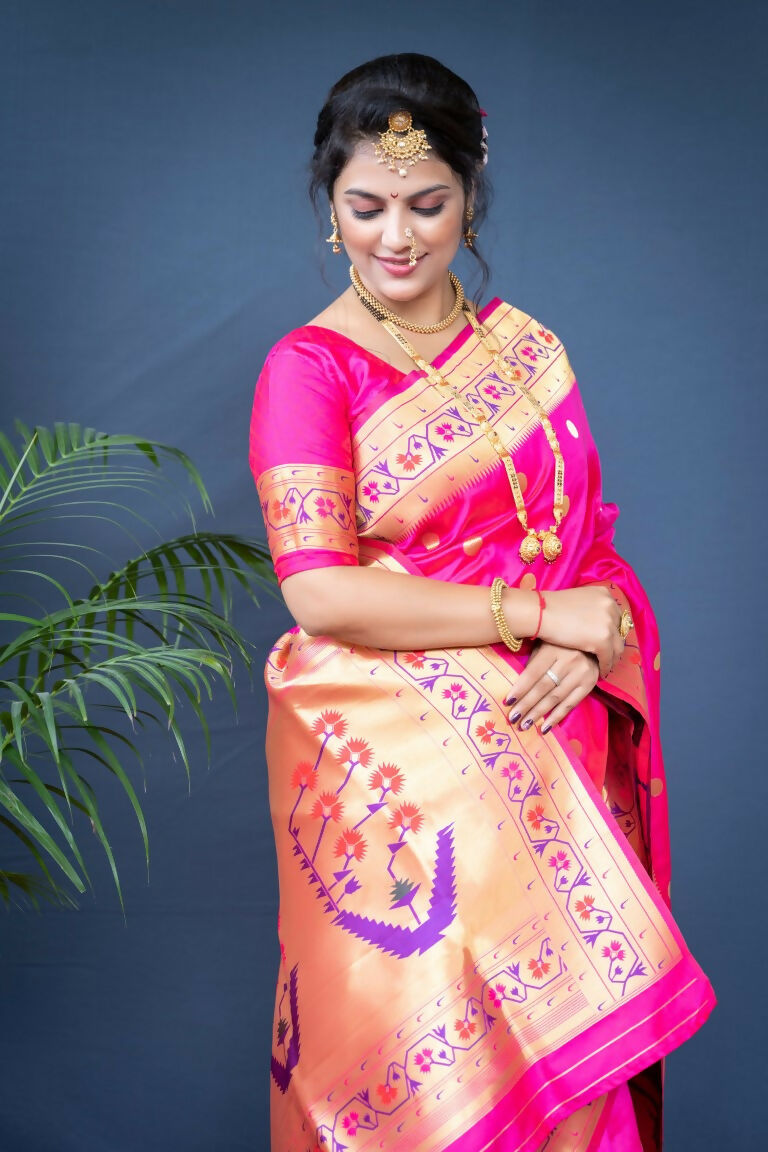 Pink Paithani Silk Saree with Zari Woven Border and Blouse