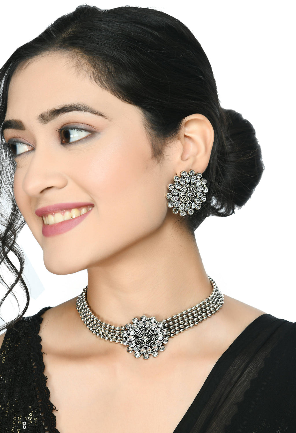 Kundan Oxidised Silver-Plated Choker Necklace for Women
