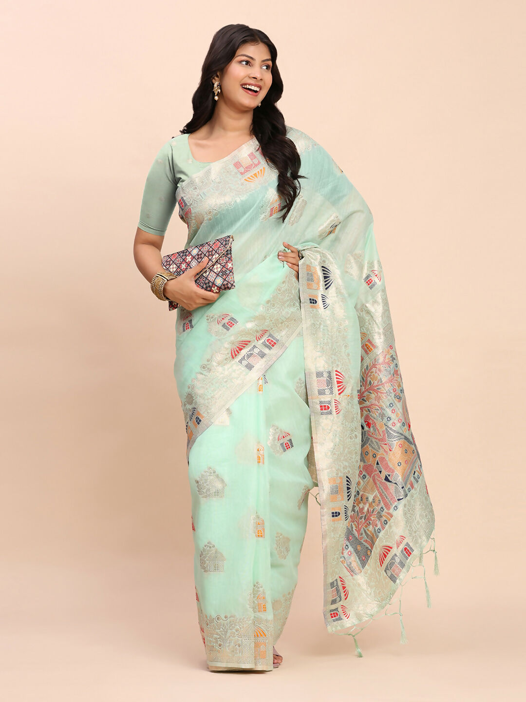 Sea Green Linen Cotton Saree with Matching Blouse Piece
