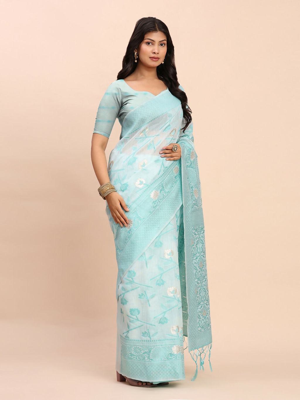 Classic Sky Blue Linen Cotton Saree with Matching Blouse