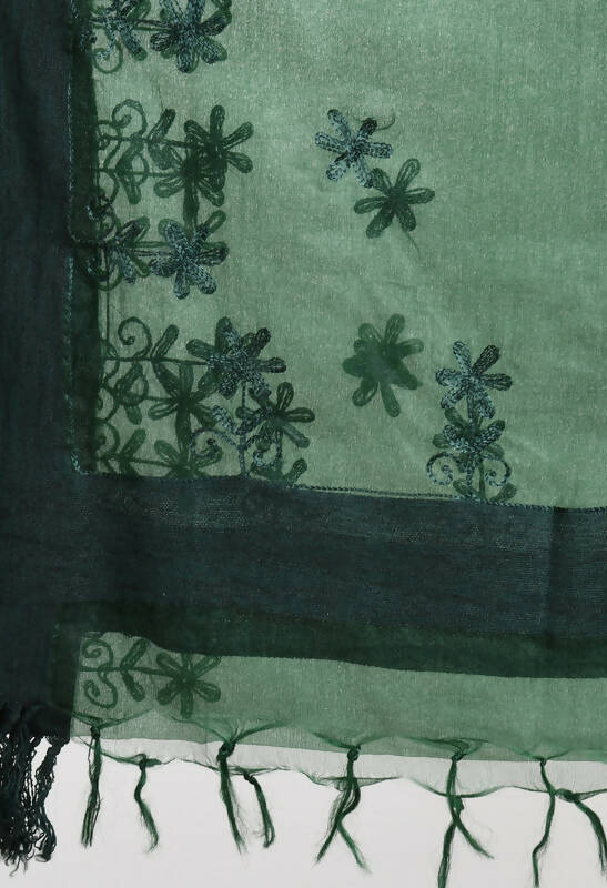 Bottle Green Organza All Over Chikan Work Floral Dupatta