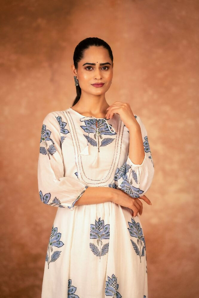 Blue Floral Hand Block Printed Cotton Kurta and Pant Set