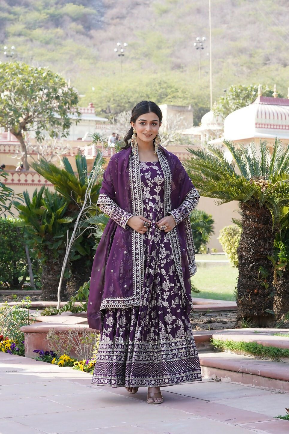 Wine Viscose Jacquard Kurta Set with Sequence Embroidery