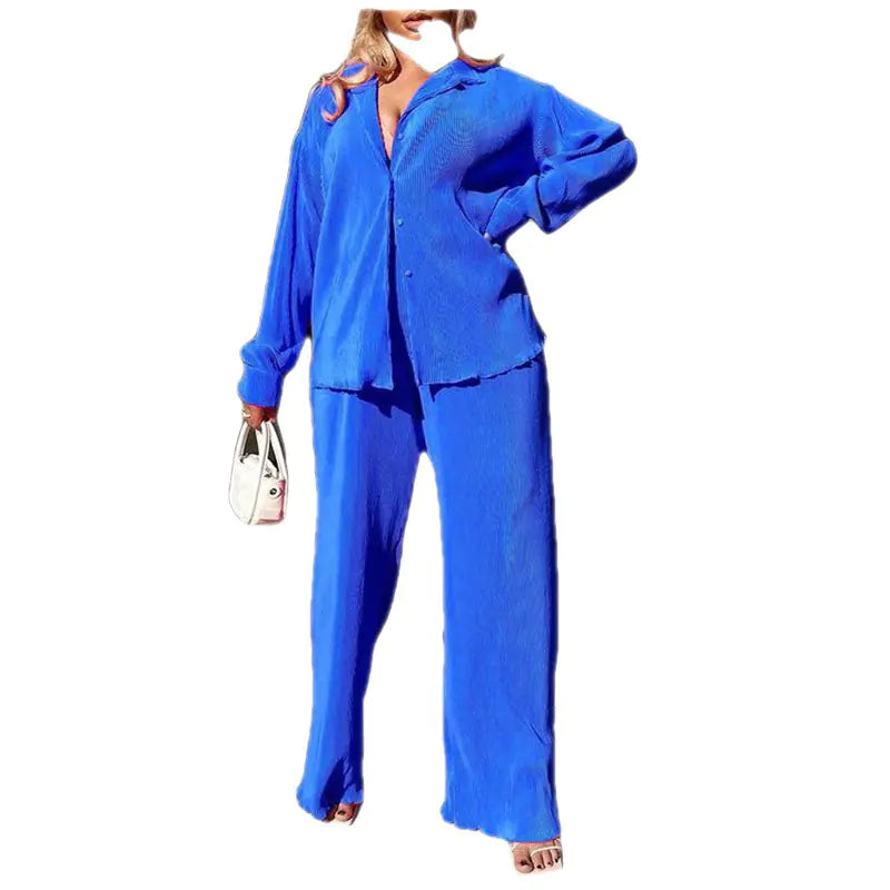 Women's Pleated Casual Button Down Shirt and Wide Leg Pant Set - Image 2