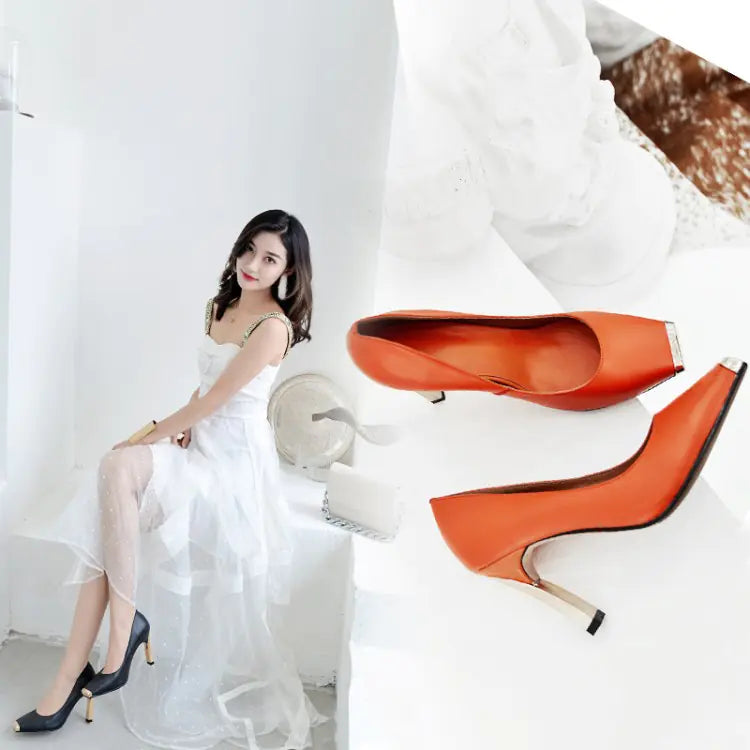 Women's Leather Square Toe Heels with Metallic Gold Heel and Tip - Image 8