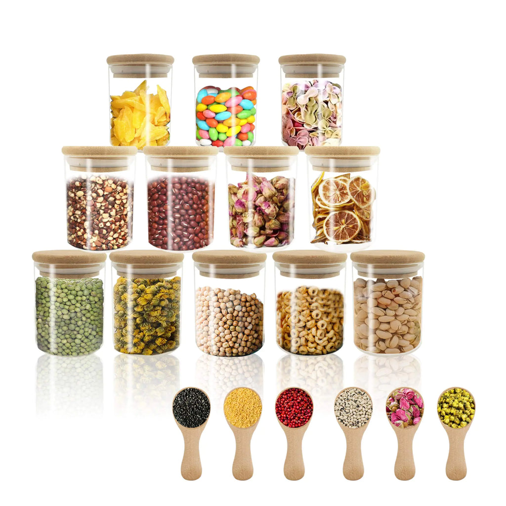 VIKEYHOME 18 pcs Glass jars Set 12 set - 6oz Spice Jars Set with Bamboo Lids 6 pcs Small Condiments Wooden Spoons Airtight Glass Food Cereal Storage Containers for Kitchen (Set of 18 6oz)