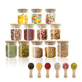 VIKEYHOME 18 pcs Glass jars Set 12 set - 6oz Spice Jars Set with Bamboo Lids 6 pcs Small Condiments Wooden Spoons Airtight Glass Food Cereal Storage Containers for Kitchen (Set of 18 6oz)