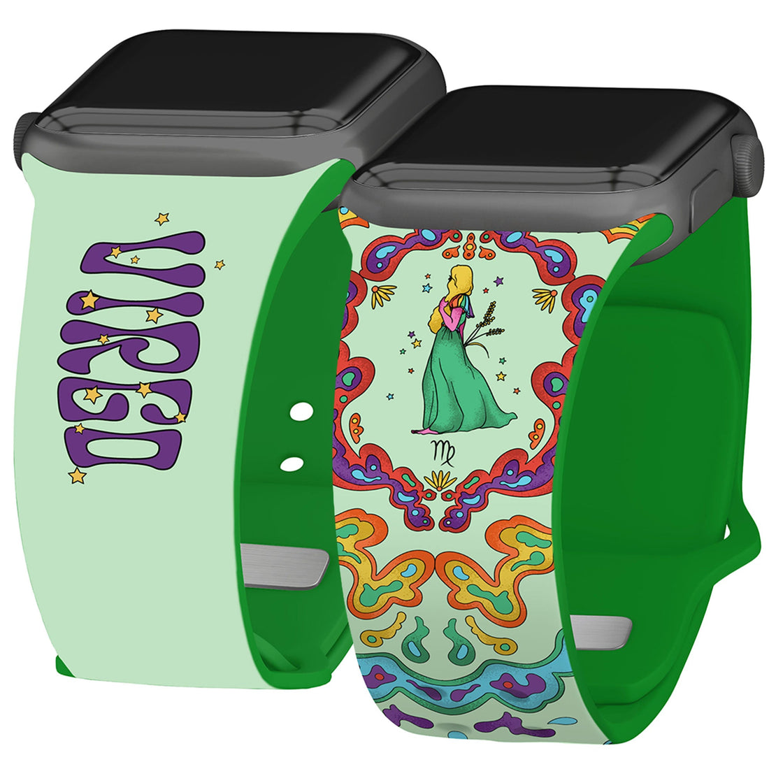 Zodiac collection apple watch band featuring vibrant psychedelic virgo and leo designs