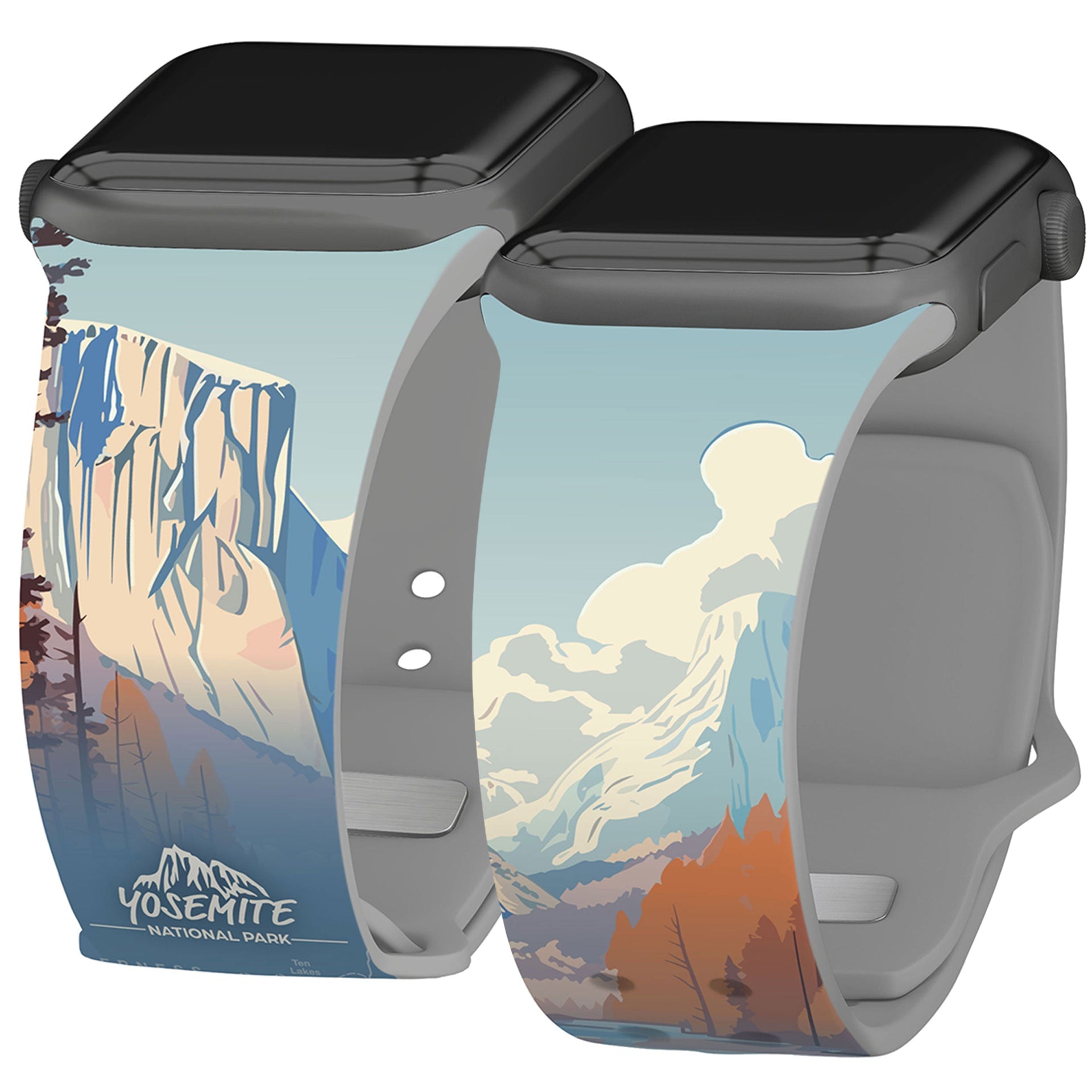 Close up of an Apple Watch with a Yosemite National Park graphic printed band, and a lifestyle shot of the band worn while hiking.