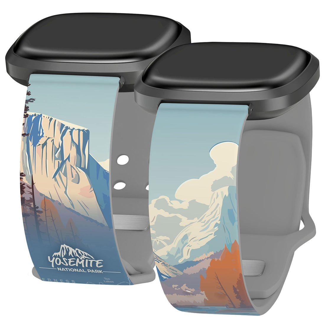 Close-up view of Yosemite National Park themed Fitbit watch band featuring mountain illustration and smooth grey underside.