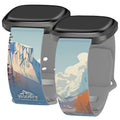 Close-up view of Yosemite National Park themed Fitbit watch band featuring mountain illustration and smooth grey underside.