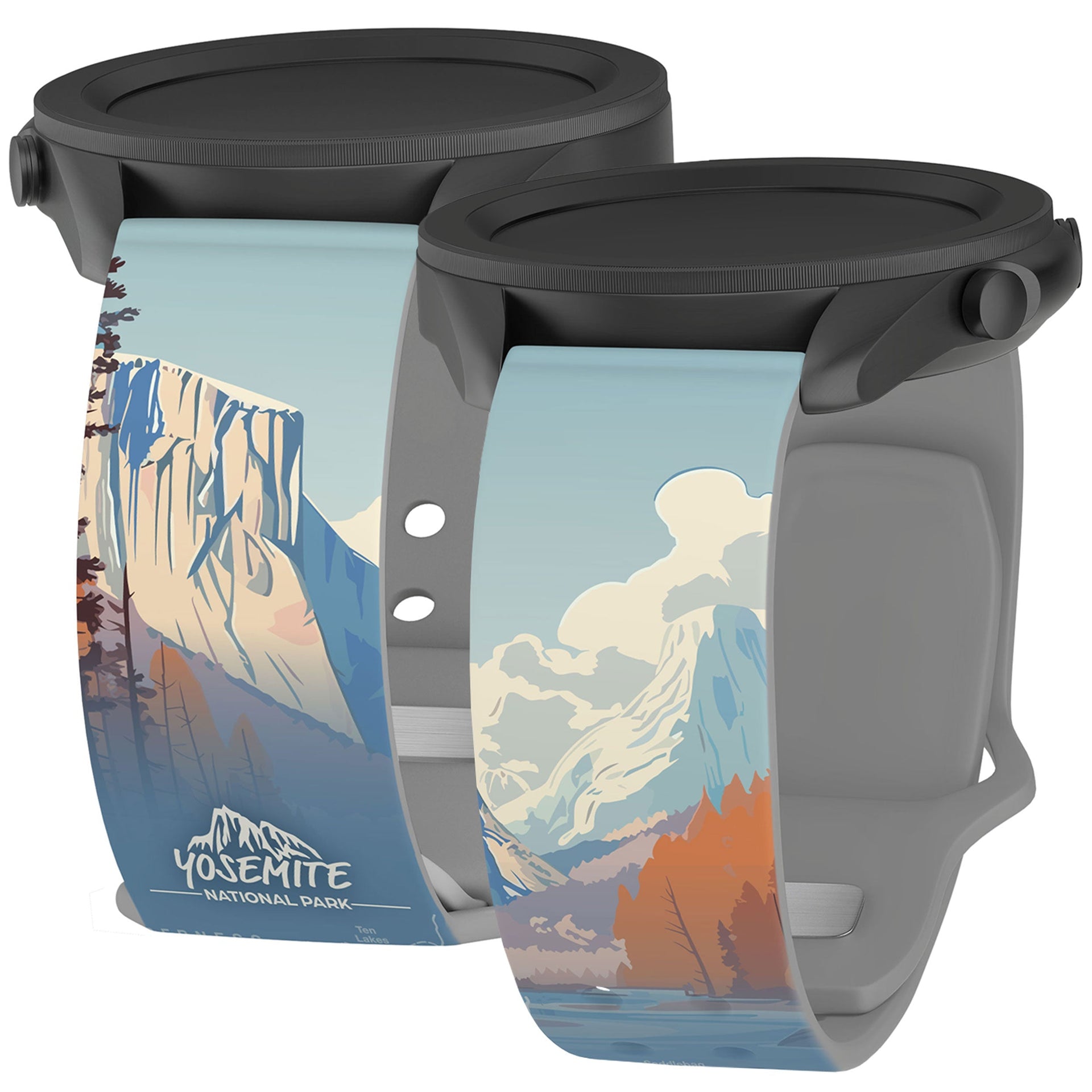 Close up of a Yosemite National Park graphic watchband on a wrist showing mountain landscape print.