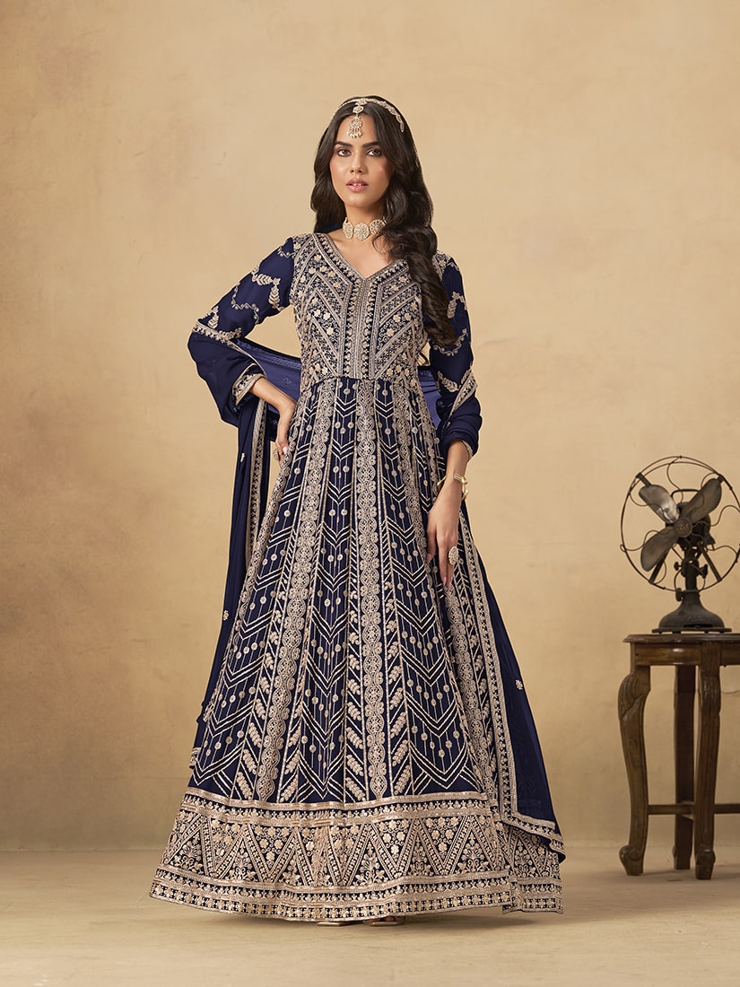 Navy Blue Faux Georgette Anarkali suit with detailed embroidery for engagement wear