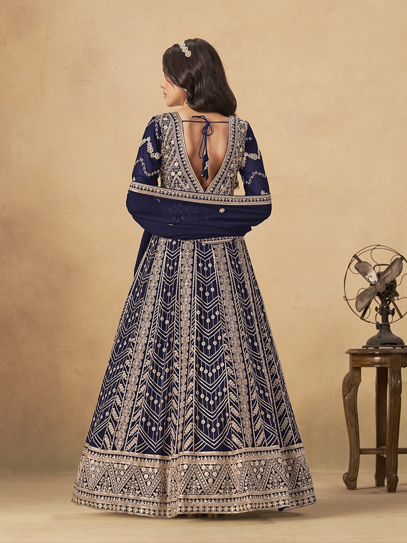Navy Blue Faux Georgette Embroidered Anarkali Suit Engagement Wear