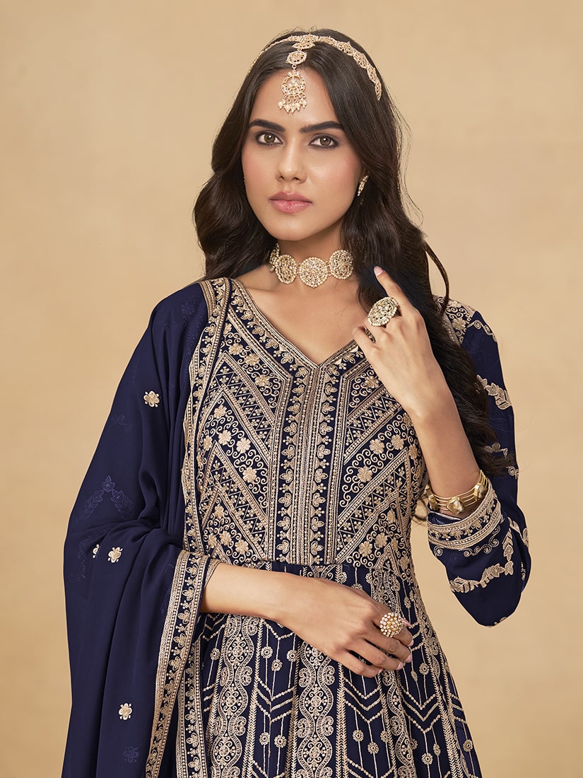 Navy Blue Faux Georgette Embroidered Anarkali Suit Engagement Wear