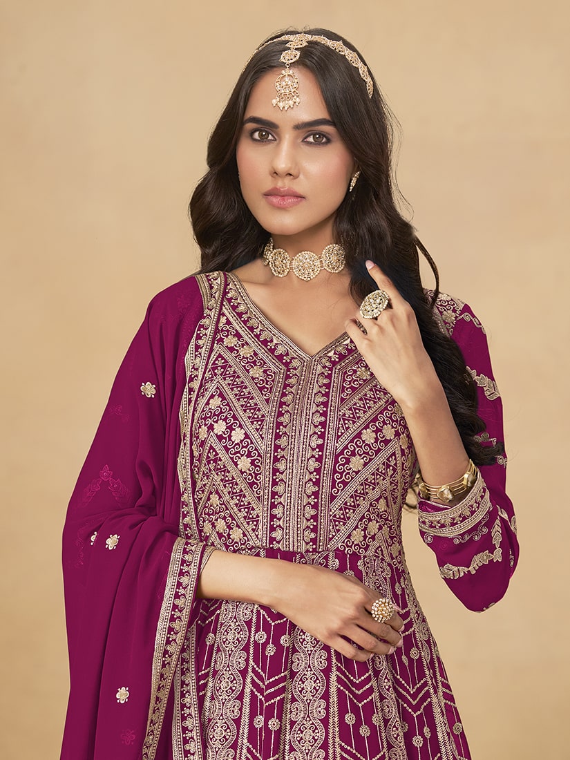 Monjolika Fashion Faux Georgette Embroidered Rani Pink Engagement Wear Anarkali Suit