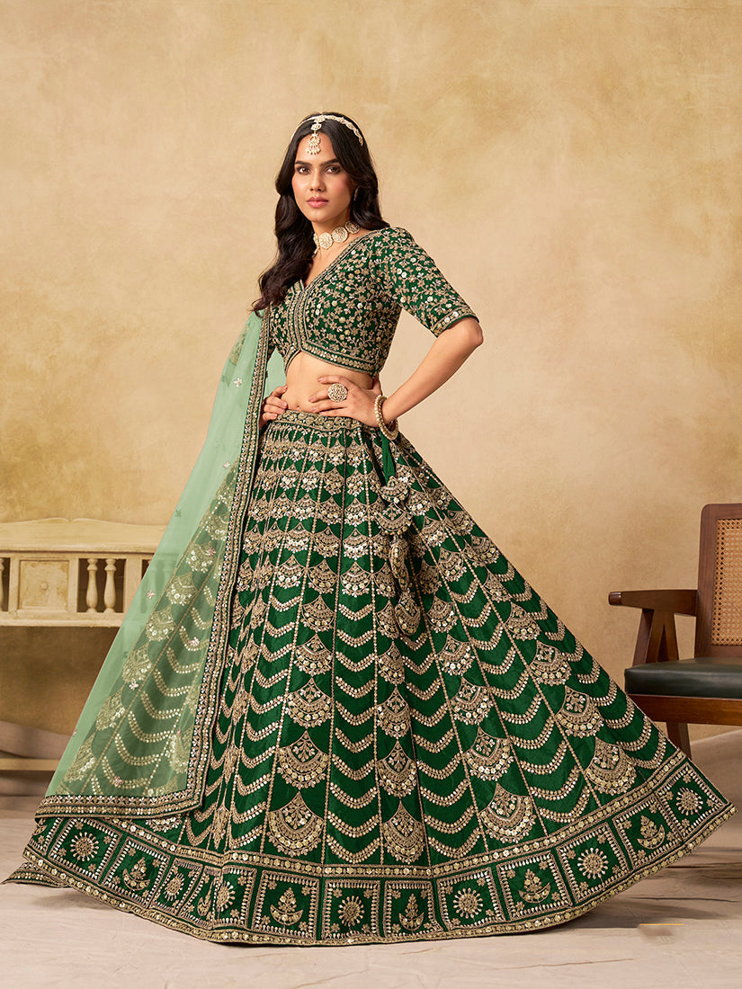 Green Art Silk A-line lehenga choli with detailed Zari embroidery work