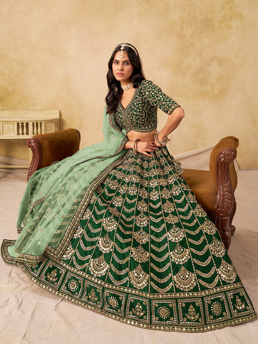 Green A-Line Lehenga Choli with Zari Embroidery in Art Silk