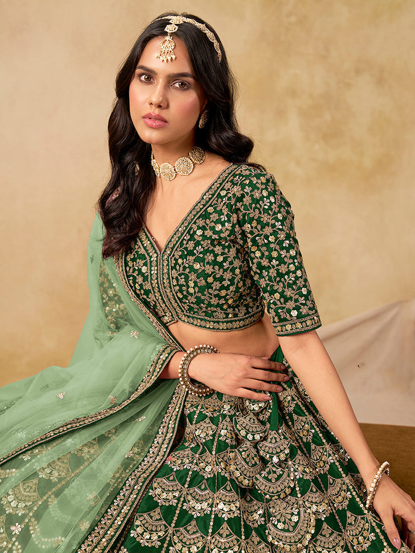 Green A-Line Lehenga Choli with Zari Embroidery in Art Silk