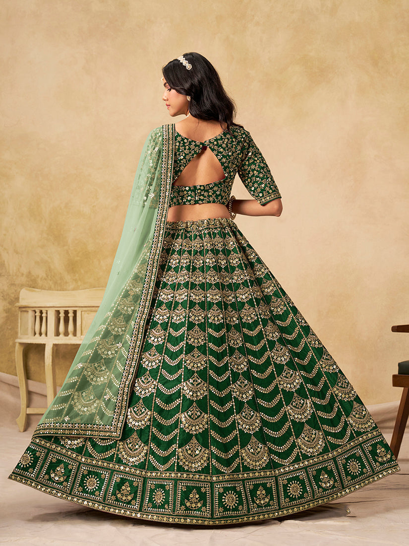 Green A-Line Lehenga Choli with Zari Embroidery in Art Silk
