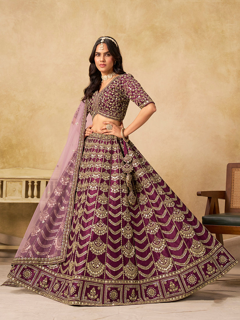 Monjolika Fashion Purple Color Zari Embroidered Work Art Silk A Line Lehenga Choli