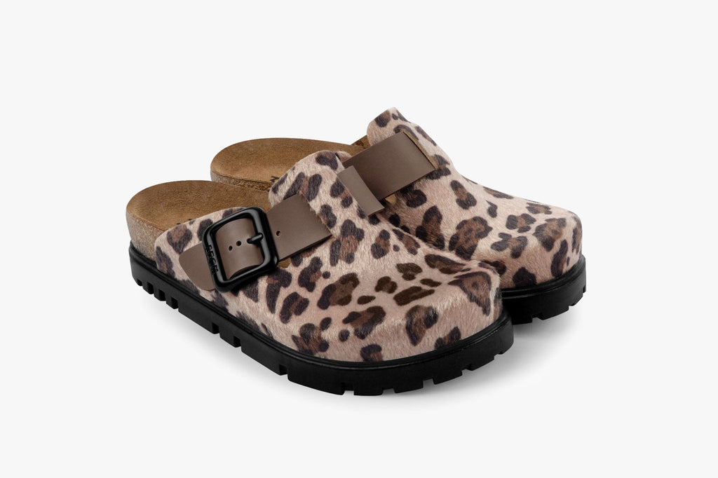 Women's Leather Platform Clog with Adjustable Buckle Leopard Print