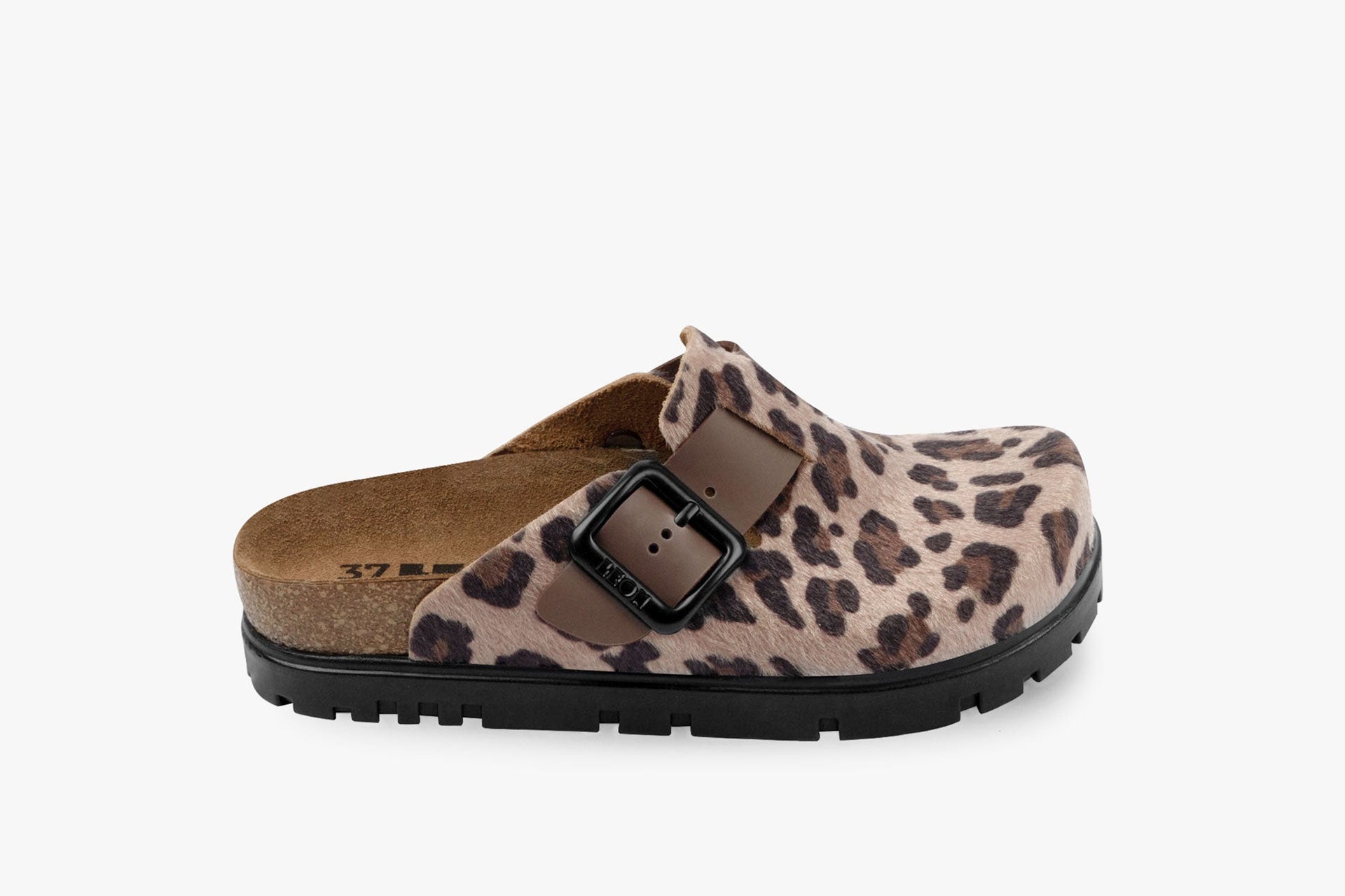 Women's Leather Platform Clog with Adjustable Buckle Leopard Print
