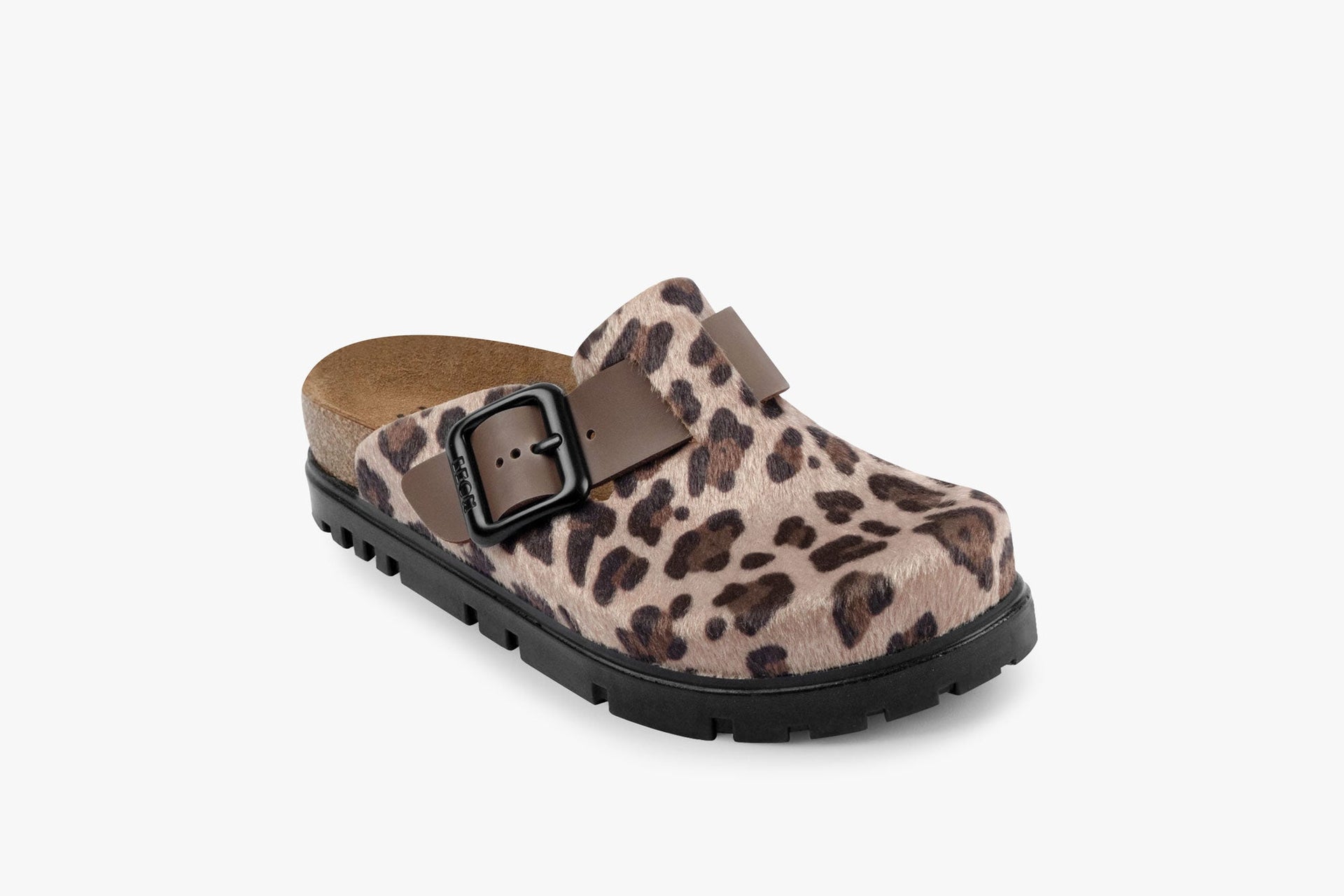 Women's Leather Platform Clog with Adjustable Buckle Leopard Print