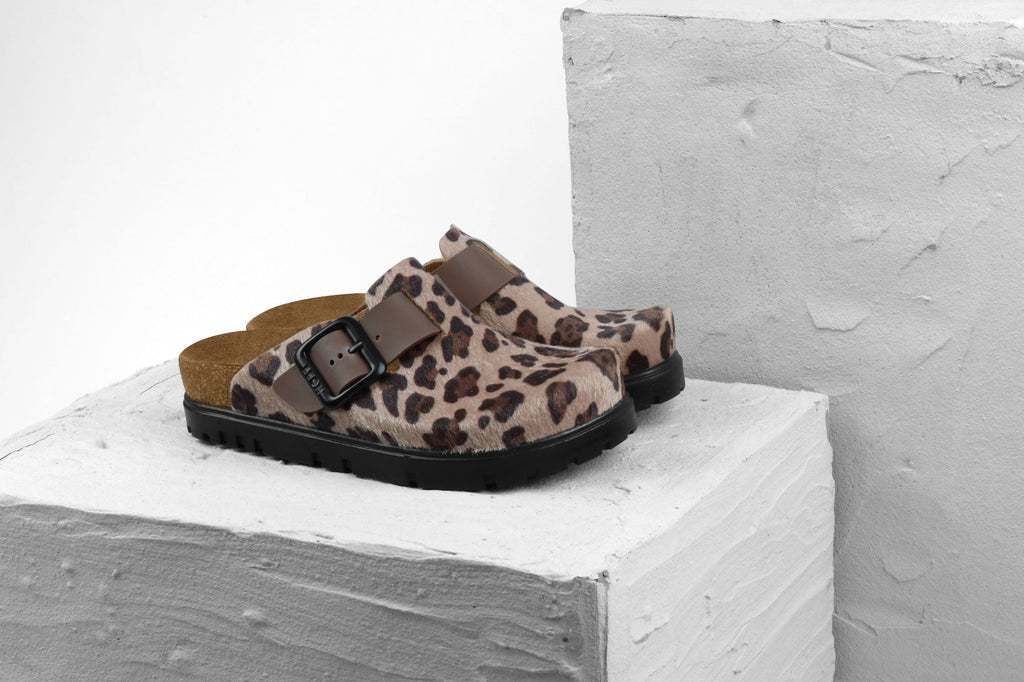 Women's Leather Platform Clog with Adjustable Buckle Leopard Print