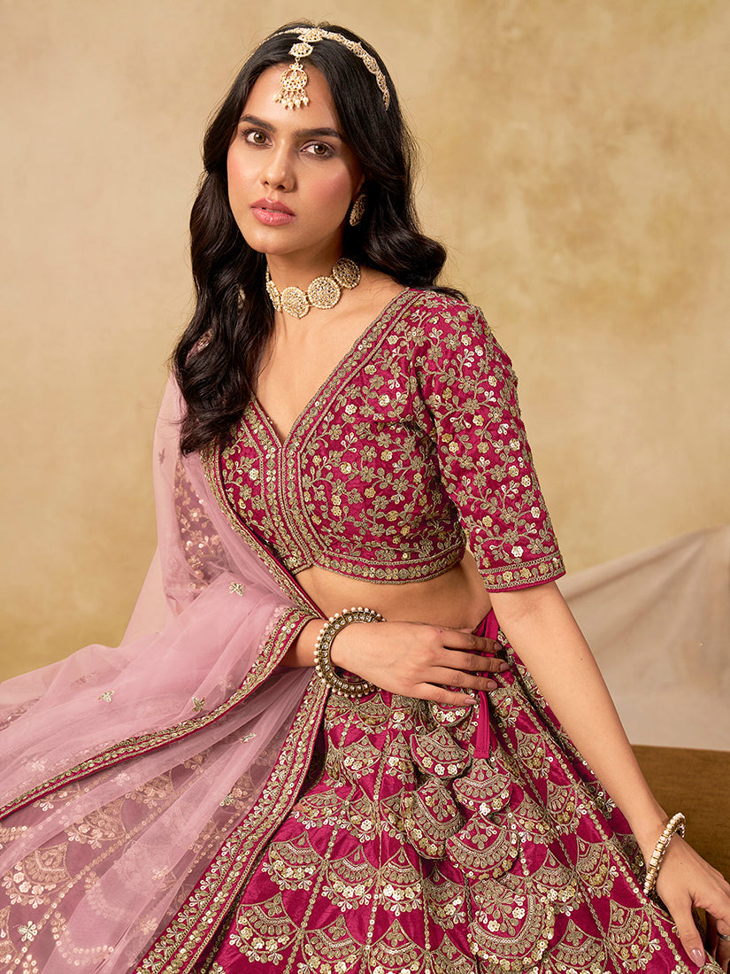Monjolika Fashion Rani Pink Color Zari Embroidered Work Art Silk A Line Lehenga Choli