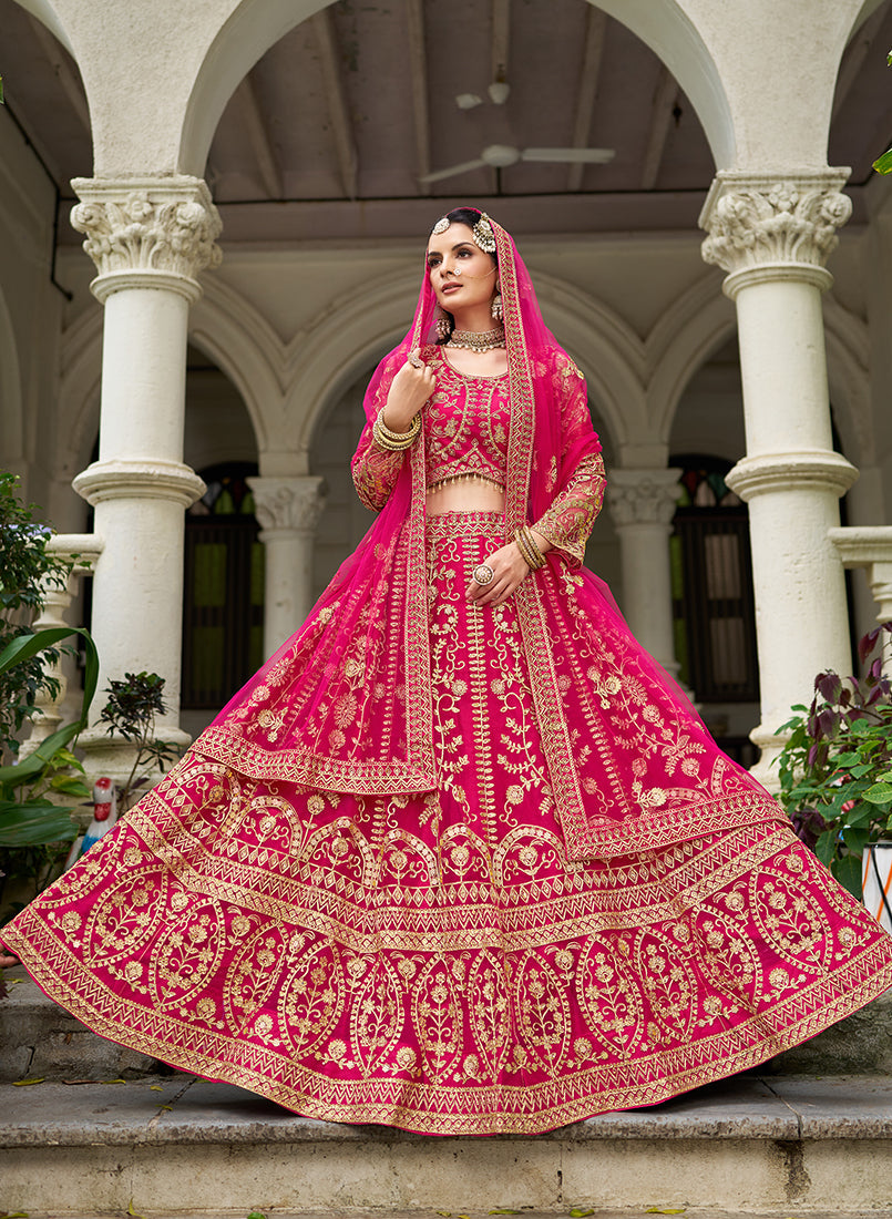 Rani Pink Butterfly Net Embroidered Wedding Lehenga Choli