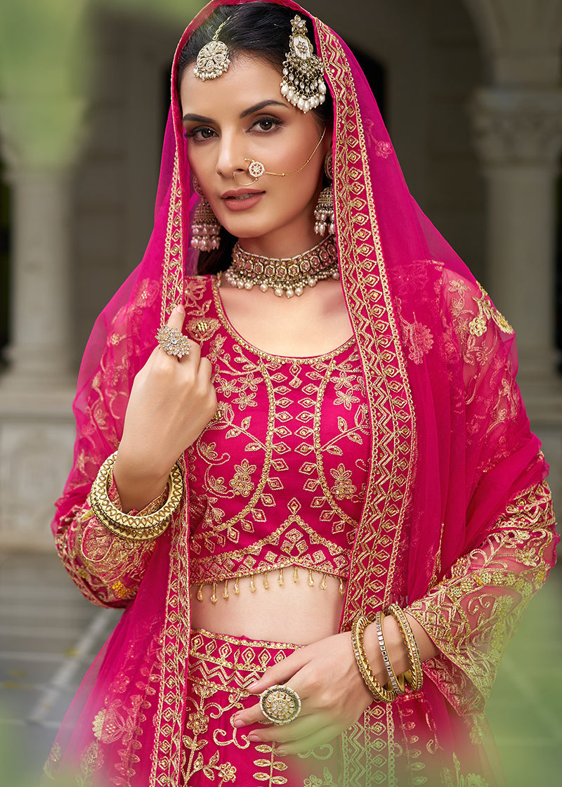 Rani Pink Butterfly Net Embroidered Wedding Lehenga Choli