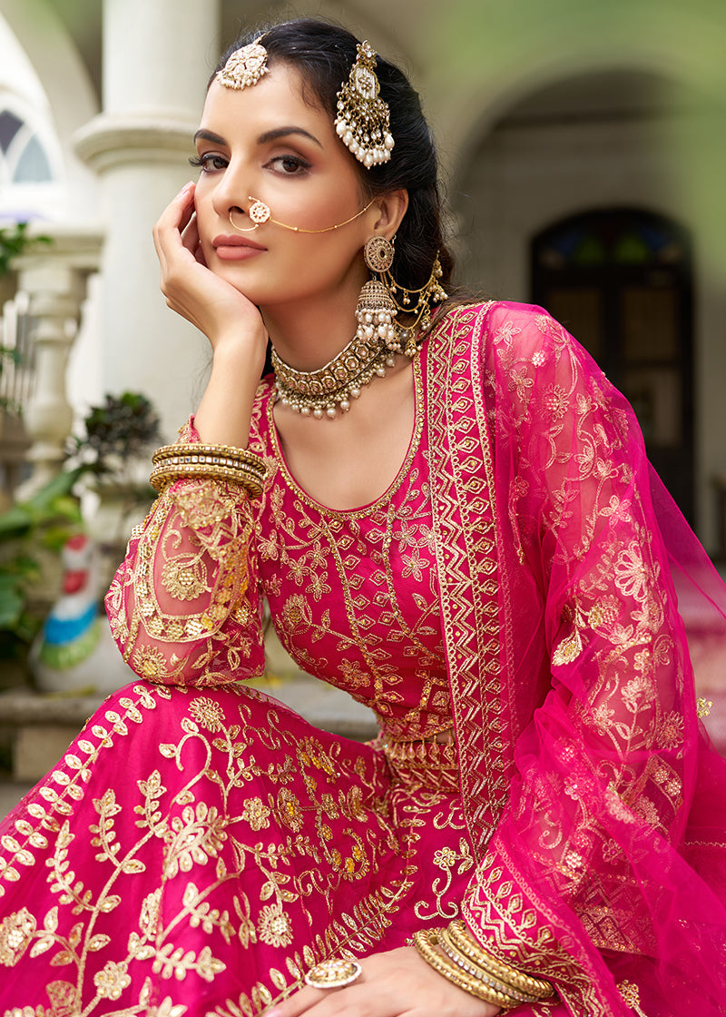 Rani Pink Butterfly Net Embroidered Wedding Lehenga Choli