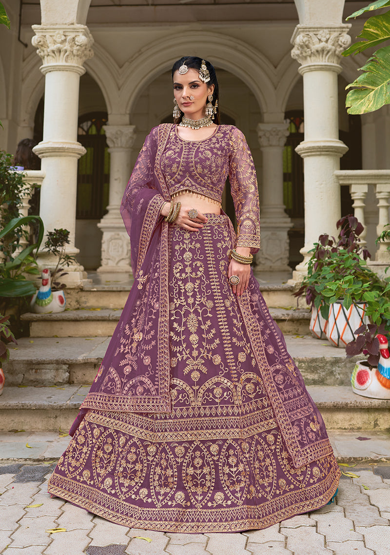 Stunning purple butterfly net lehenga with intricate embroidery work