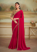 Elegant Cherry Red Georgette Saree with intricate gold-toned ethnic embroidered border for parties