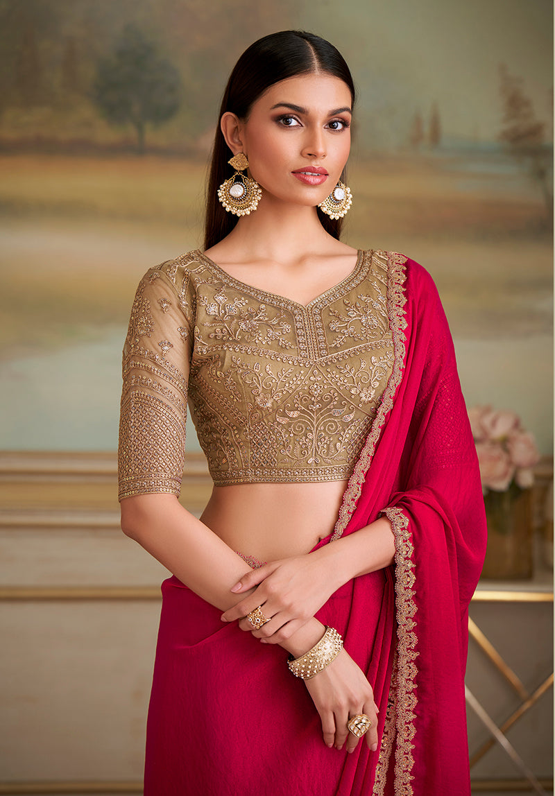 Cherry Red Shining Georgette Saree with Embroidered Border