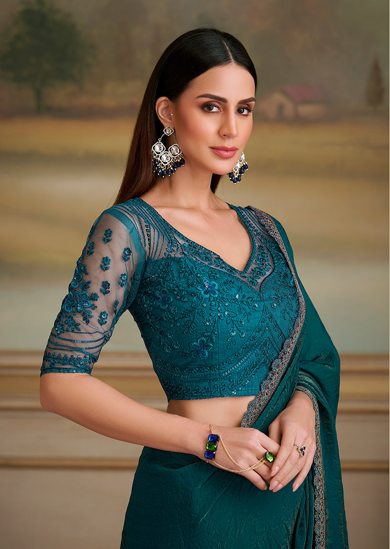 Monjolika Fashion Bottle Green Shining Georgette Embroidered Border Party Trendy Saree