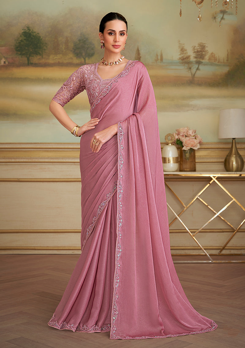 Rose Pink sparkle georgette saree with intricate embroidered border detail