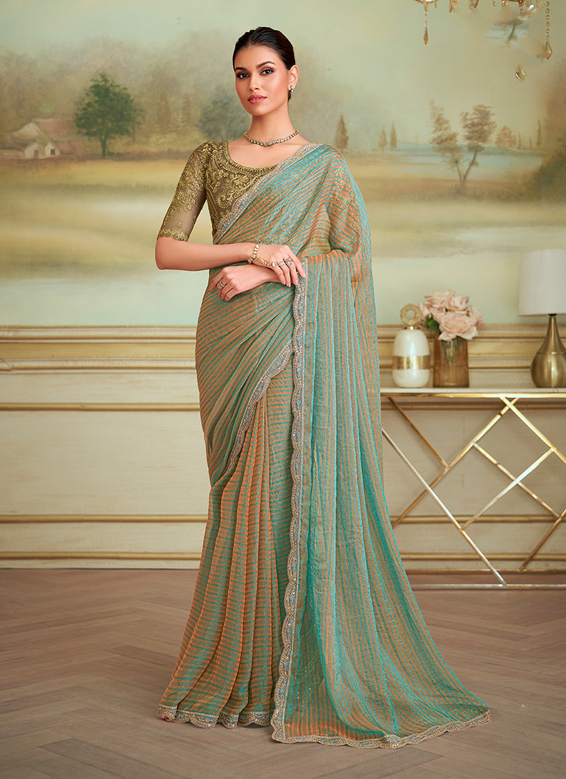 Monjolika Fashion Multicolor Blossom Georgette Embroidered Border Party Trendy Saree
