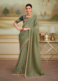 Monjolika Fashion Pista Green Gold Georgette Embroidered Border Party Trendy Saree