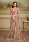 Monjolika Fashion Chiku Gold Satin Georgette Embroidered Border Party Trendy Saree