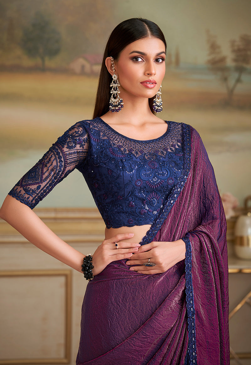 Monjolika Fashion Dark Magenta Twin Shaded Georgette Embroidered Border Party Trendy Saree
