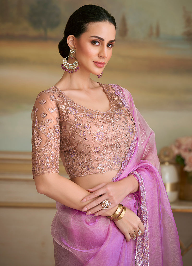 Monjolika Fashion Lilac Tissue Georgette Embroidered Border Party Trendy Saree