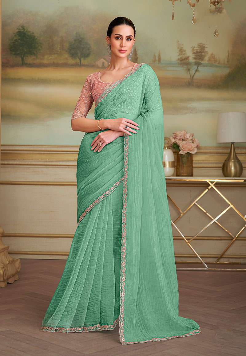 Monjolika Fashion Sky Blue Tissue Georgette Embroidered Border Party Trendy Saree