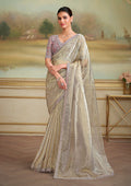 Beige tissue georgette saree featuring elegant embroidered border design